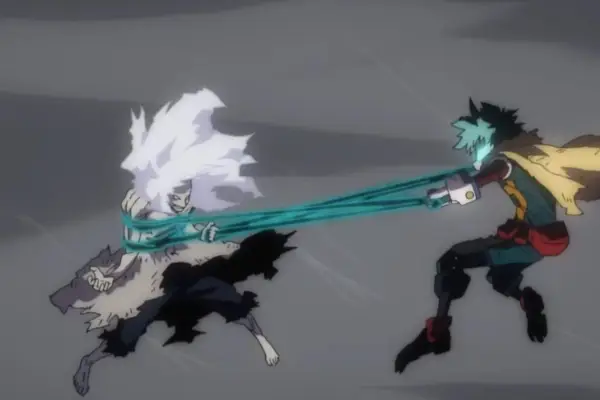 A My Hero Academia Season 8 close-up of Midoriya and Shigaraki fighting