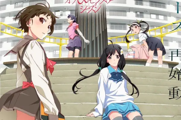 Monogatari key art showing a group of characters gathered on a staircase