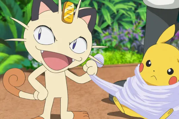 Meowth, the iconic cat Pokémon, wraps up Pikachu.