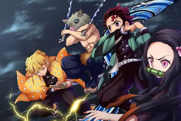 Four characters from Demon Slayer: Kimetsu no Yaiba in action poses