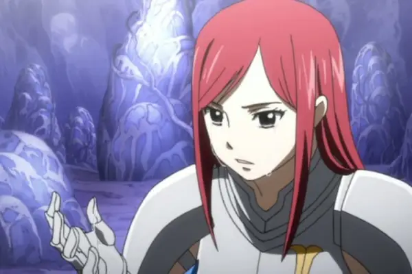 Erza in Fairy Tail crying, with her hand outstretched