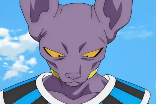 Beerus in Dragon Ball, wearing a blue and back shirt