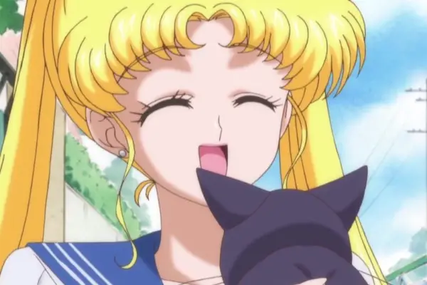 Sailor Moon in Sailor Moon, smiling at a cat