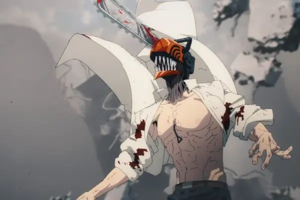 Chainsaw Man character wearing a bloodied white shirt with a chainsaw for a head