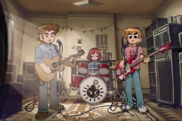 Mark Webber as Stephen Stills, Alison Pill as Kim Pine and Michael Cera as Scott Pilgrim in Scott Pilgrim Takes Off playing instruments