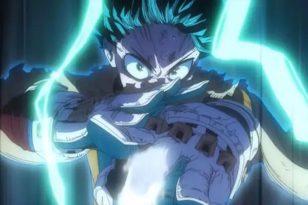 A close-up of Izuku Midoriya in My Hero Academia season 8, who is also the strongest in Class 1-A