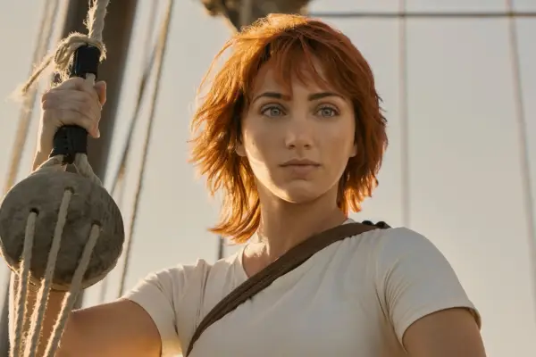 Emily Rudd as Nami in One Piece, wearing a white T-shirt