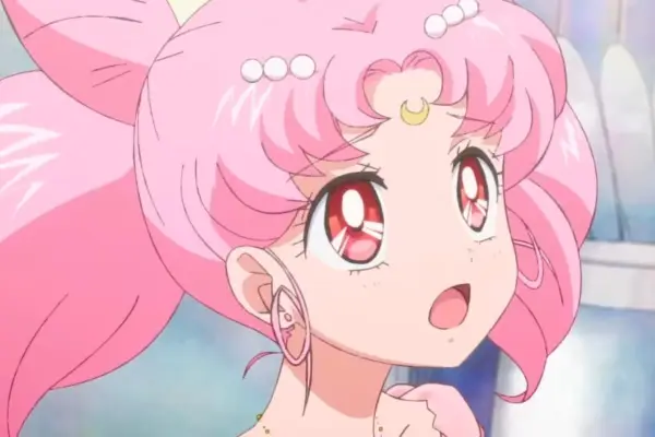 A character in Sailor Moon Cosmos with pink hair and pink eyes