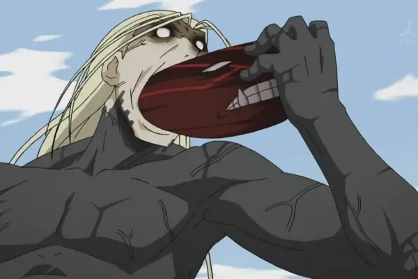 Fullmetal Alchemist still showing a man devouring a face