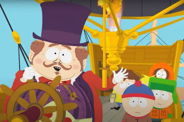 A mysterious figure with a purple top hat steers an airship, while the South Park boys stand glumly behind him