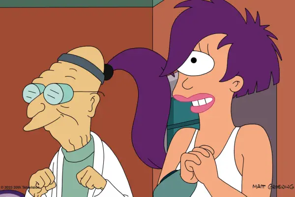 Leela and Professor Farnsworth in the Futurama reboot, standing next to each other
