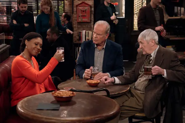 Toks Olagundoye, Kelsey Grammer and Nicholas Lyndhurst in Frasier (2023)