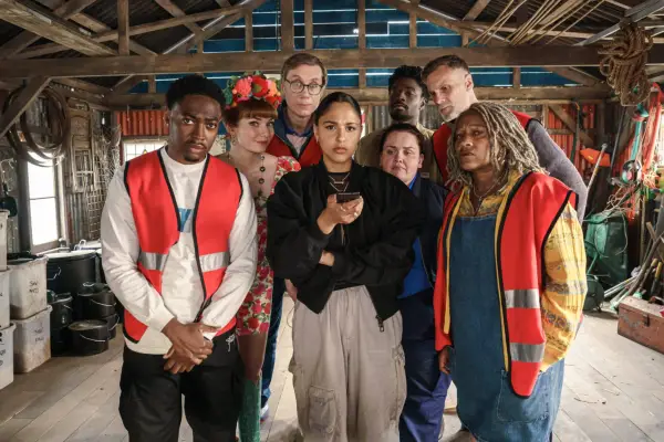 The cast of The Outlaws in character standing in a shed, crowding around Rani (Rhianne Barreto) who is holding a smartphone in her hand