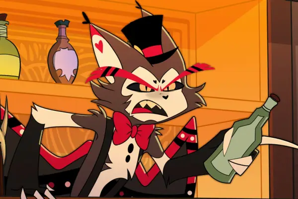 Husk in Hazbin Hotel holding a green glass bottle
