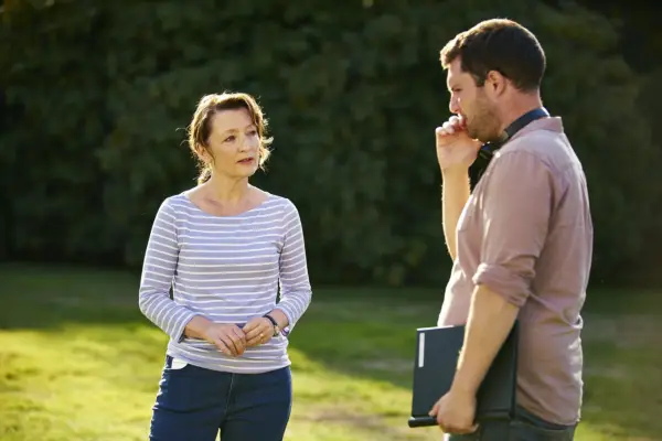 Stefan Golaszewski with Lesley Manville on set of Mum