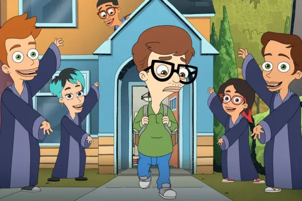 John Mulaney as Andrew in Big Mouth walking out of a house with people surrounding his path.