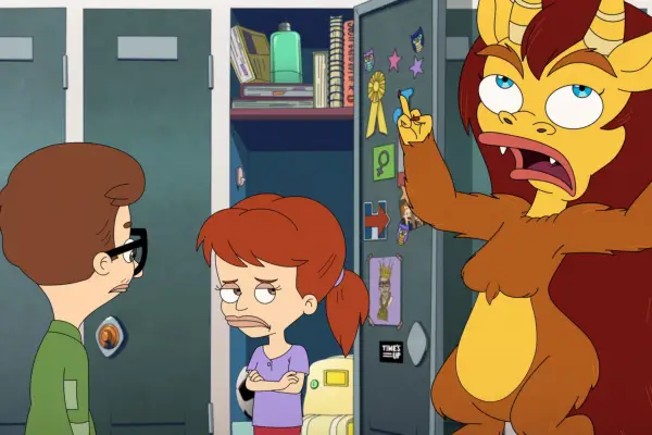 John Mulaney as Andrew, Jessi Klein as Jessi and Maya Rudolph as Connie in Big Mouth chatting by an open school locker.