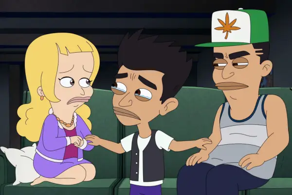 Nick Kroll as Lola, Jason Mantzoukas as Jay and Paul Scheer as Kurt in Big Mouth sitting on a sofa looking upset.