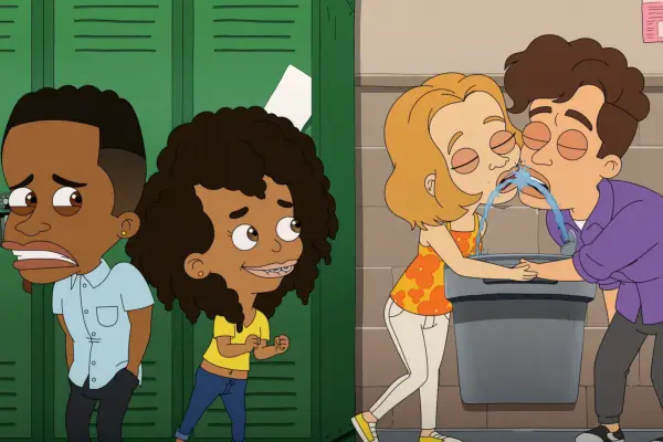 Brian Tyree Henry as Elijah, Ayo Edebiri as Missy, Chloe Fineman as Timon and Jon Daly as Pumbaa in Big Mouth.