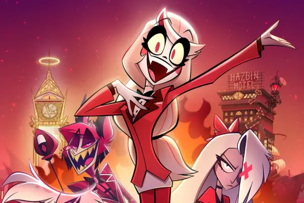 Hazbin Hotel key art showing three characters in red against a fiery background