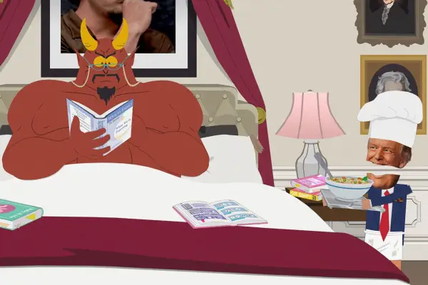 Donald Trump serves food to the devil while he reads in bed, in a surreal scene from South Park season 27