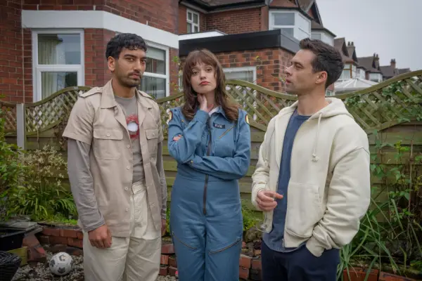 Nabhaan Rizwan as Noa, Aimee Lou Wood as Evie and Adam Long as Josh in Film Club.