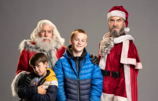 Timothy Spall as Santa Claus, Bamber Todd as Mikey, Joshua McLees as Sean and James Nesbitt as Bank Robber in The Heist Before Christmas