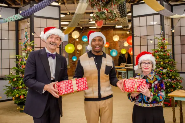 Patrick Grant, Kiell Smith-Bynoe, Esme Young on the The Great British Sewing Bee: Celebrity Christmas Special