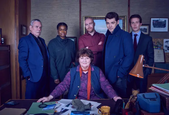 Jon Morrison as DS Kenny Lockhart, Ibinabo Jack as DC Jaqueline Williams, Brenda Blethyn as DCI Vera Stanhope, Riley Jones as DC Mark Edwards, Kenny Doughty as DS Aiden Healy, and Jake Ashton-Nelson as PC Billington in the Vera Christmas special 2023