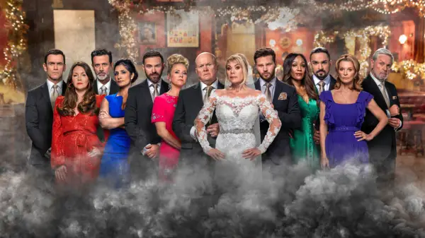 From left to right, Scott Maslen as Jack Branning, Lacey Turner as Stacey Slater, Navin Chowdhry as Nish Panesar, Balvinder Sopal as Suki Kaur Panesar, Matt Di Angelo as Dean Wicks, Kellie Bright as Linda Carter, Steve McFadden as Phil Mitchell, Letitia Dean as Sharon Watts, Danny Walters as Keanu Taylor, Diane Parish as Denise Fox, Aaron Thiara as Ravi Gulati, Gillian Taylforth as Kathy Cotton, and Brian Conley as Tom 