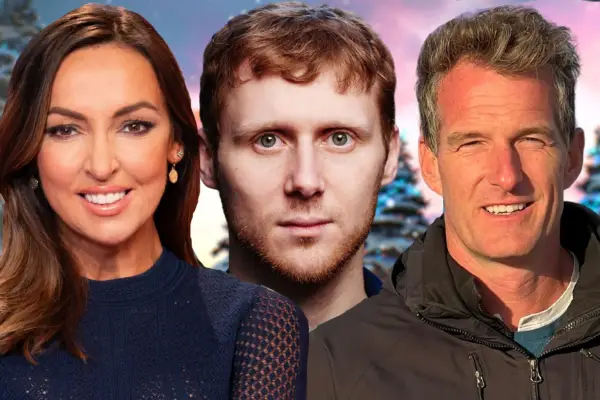 Collage image of Sally Nugent, Jamie Borthwick and Dan Snow in front of a festive background for the Strictly Come Dancing 2023 Christmas line-up