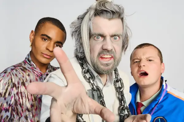 Layton Williams as Stephen, Jack Whitehall as Alfie and Charlie Wernham as Mitchell in the Bad Education Christmas special.