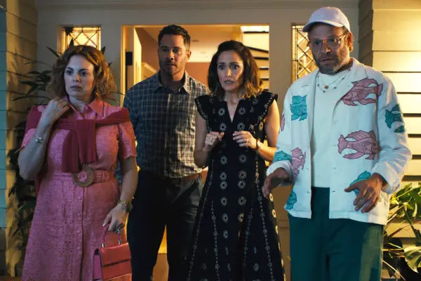 Seth Rogen in Platonic, sat at a dinner table.