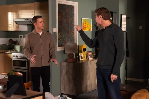 Theo pointing at Todd in a rage in Coronation Street