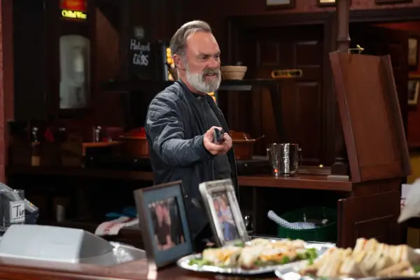 A drunk and angry Billy in Coronation Street holding his keys