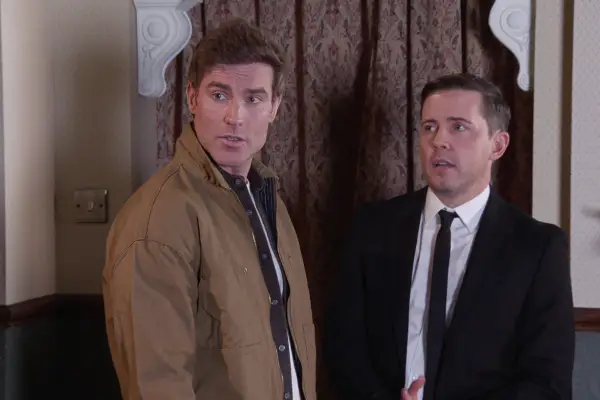 Theo with Todd in Coronation Street looking shocked