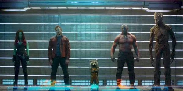 Guardians of the Galaxy stand in line for a group mugshot in Kyln prison