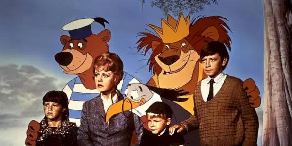 Miss Price (Angela Lansbury) and three kids stand with animated characters in 
