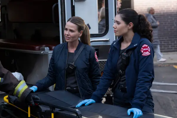 Jocelyn Hudon as Lyla Novak, Hanako Greensmith as Violet Mikami in Chicago Fire season 13.