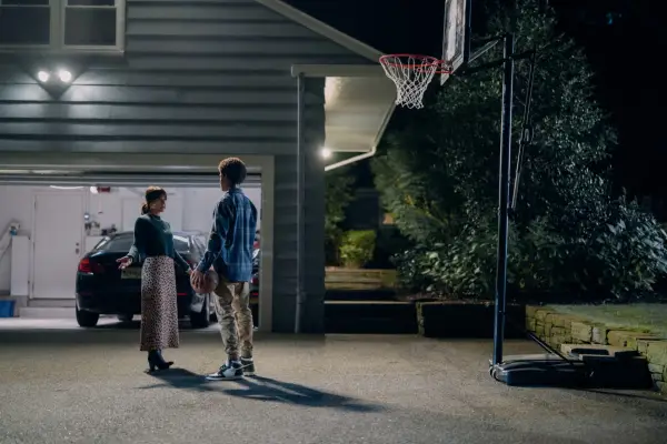 Constance Zimmer as Shira Bolitar and Jaden Michael as Mickey Bolitar in Harlan Coben