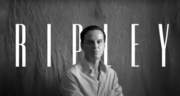 Andrew Scott as Tom Ripley posing for a portrait with the title imposed behind of Ripley.