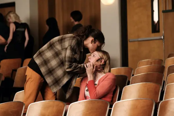 Zendaya as Rue Bennett kisses Hunter Schafer as Jules Vaughn on the head in Euphoria