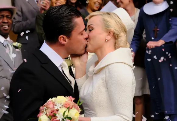 Trixie and Matthew kissing on their wedding day in Call the Midwife