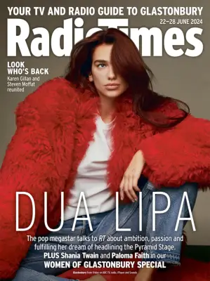 Dua Lipa on the cover in a white T-shirt, jeans and a red jacket