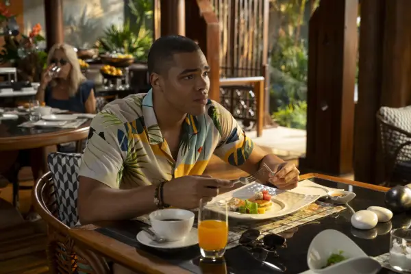 Nicholas Duvernay stars in The White Lotus season 3 eating breakfast