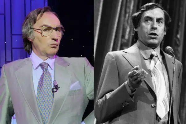 Mark Gatiss plays Larry Grayson in Nollyin a grey suit / Comedian Larry Grayson in 1972