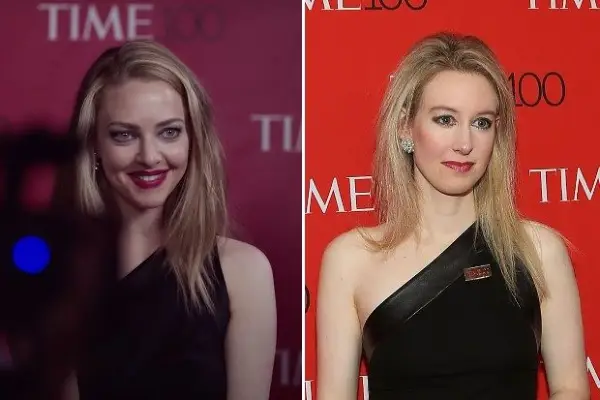 Amanda Seyfried in The Dropout and Elizabeth Holmes at the 2015 Time 100 Gala
