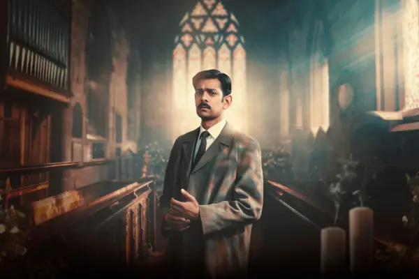 Amit Shah as DS Neil Vanloo, stood in the middle of an aisle in a church, pews and a big stained glass window behind him, looking at the camera