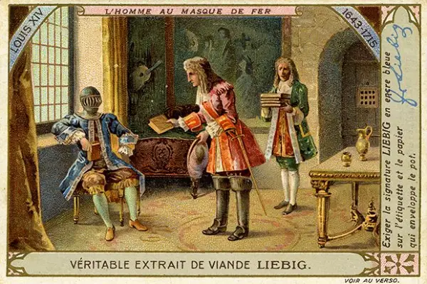 A postcard showing the Man in the Iron Mask living in luxury