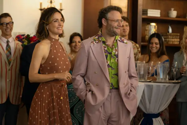 Seth Rogen and Rose Byrne in Platonic stood together smiling
